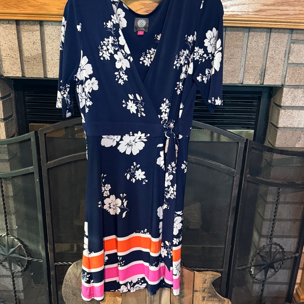 Vince Camuto Navy Floral Midi Dress with Pink and Orange Stripes